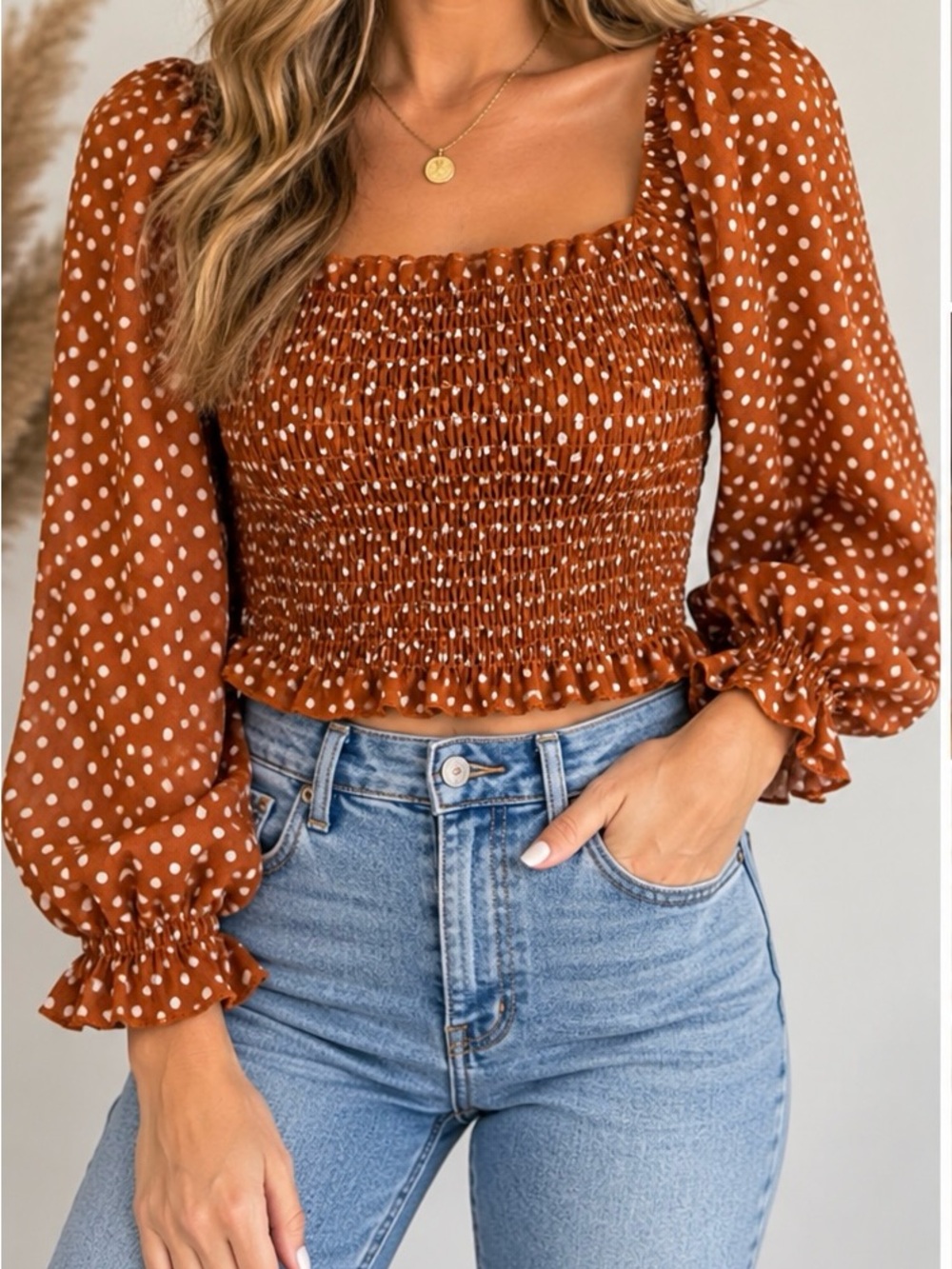 Better Be Rust Polka Dot Smocked Long-Sleeve Crop Top